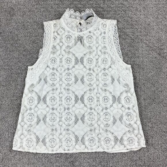 Decjuba Lace Tank Top Women 14 White Sleeveless High Neck Floral Romantic Blouse - Picture 1 of 9